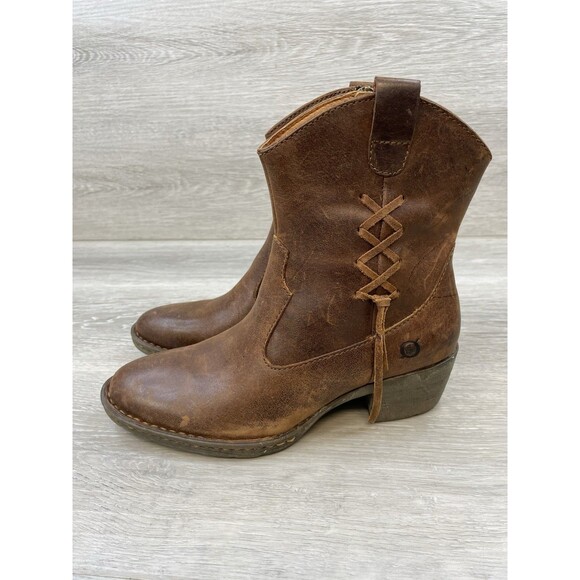 Born Karin Ankle Western Boots Brown Leather 8 Lace Back Women's Cowboy Heel - Picture 3 of 12
